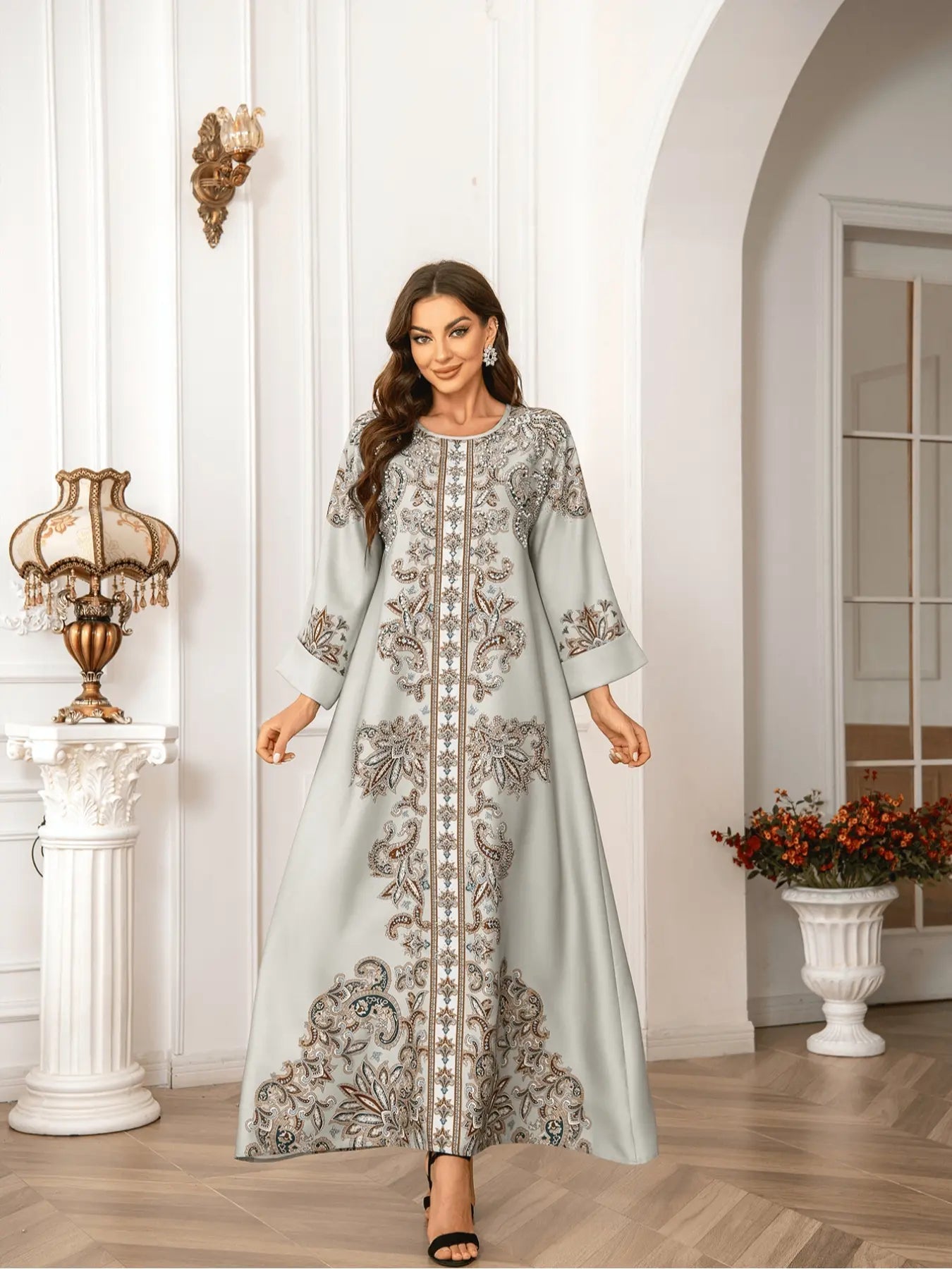 Robe longue bohème élégante pour femmes musulmanes, imprimé intégral, coupe ample, col rond, manches à revers, manches longues, toutes saisons