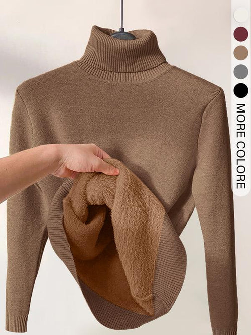 Pull en tricot uni doublé thermiquement à épaules tombantes et col montant pour femmes, pull décontracté à manches longues pour le quotidien en extérieur, haut en tricot pour femmes pour l'automne et l'hiver.