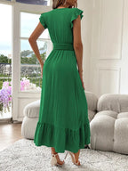 Women's Plain Shirred V Neck Dress, Elegant Fashion Casual Long Dress for Daily Outdoor Wear, Women's Dress for Summer