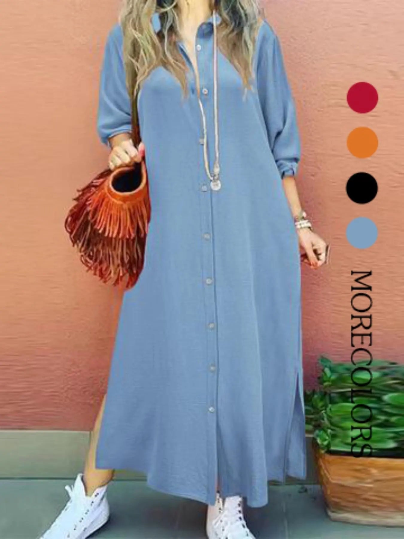 Robe longue unie à col chemise et boutons pour femme, Robe longue décontractée à col pour le quotidien et l'extérieur, Robe pour femme pour le printemps