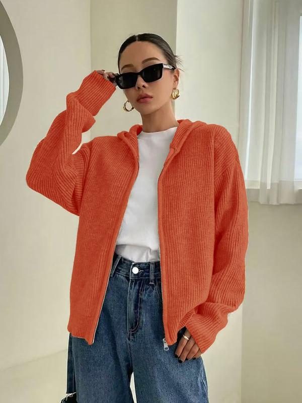 Cardigan à capuche zippé de couleur unie pour femme, en tricot décontracté à manches longues pour l'automne et l'hiver, vêtement en maille tendance pour femme pour le quotidien