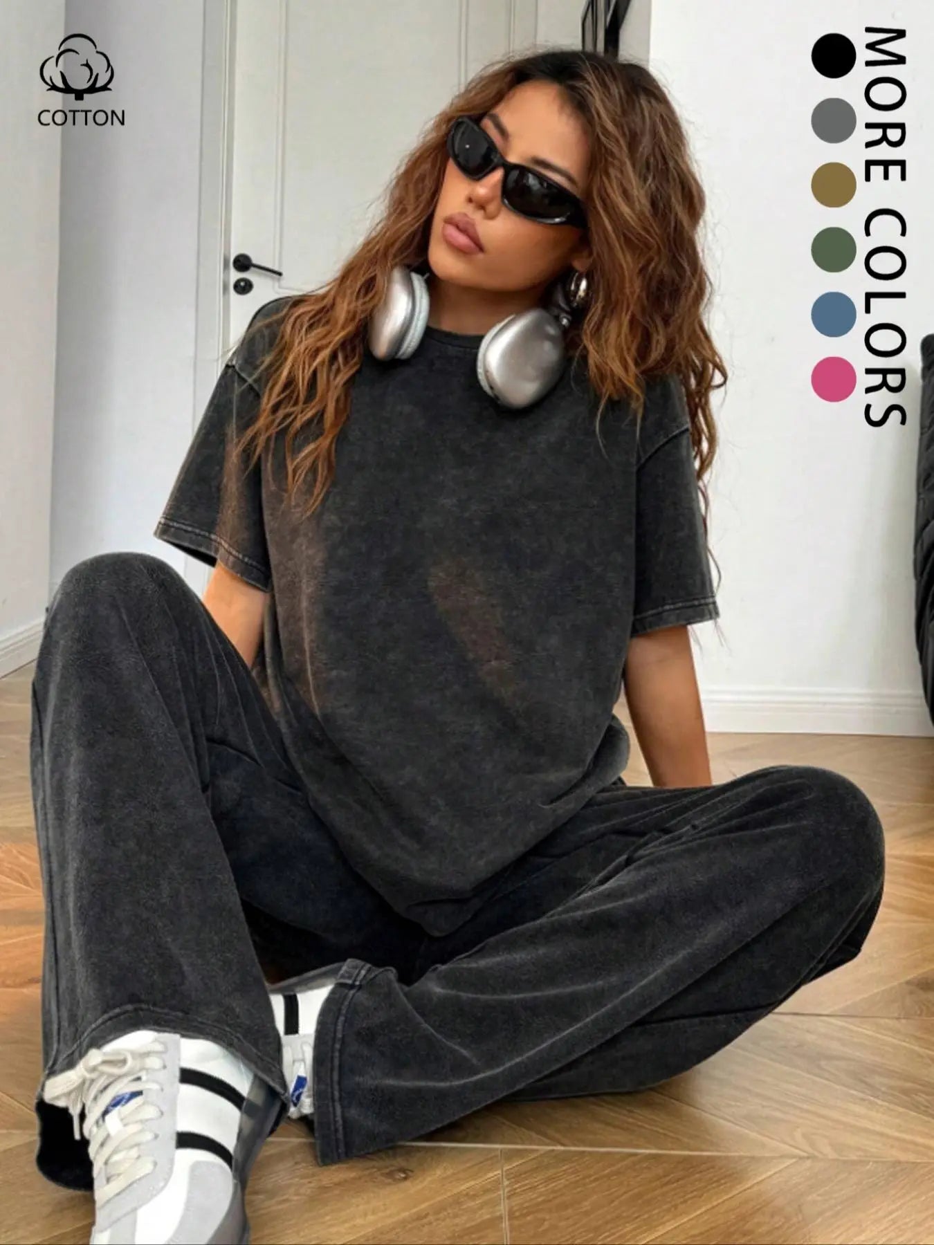 Ensemble deux pièces décontracté pour femme, t-shirt ample à manches courtes en coton délavé et pantalon long, toutes saisons, style uni