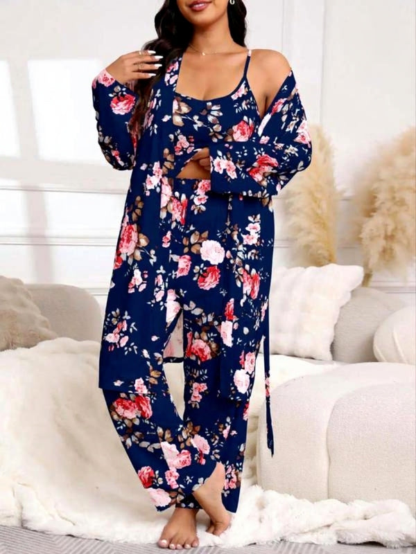 [Grande Taille] Ensemble Trois Pièces Kimono Long Imprimé Fleuri avec Ceinture, Caraco et Pantalon à Taille Élastique