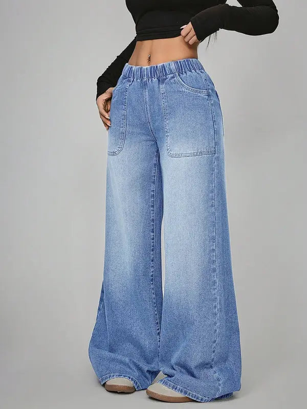 Pantalon décontracté taille haute pour femme, jean ample et large avec poches, taille élastique, boutonné sur le devant, toutes saisons, usage quotidien