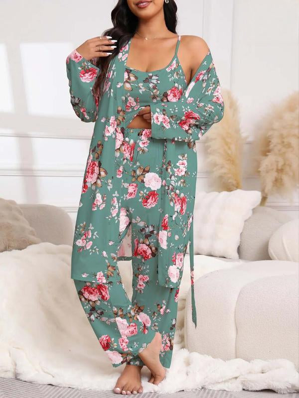 [Grande Taille] Ensemble Trois Pièces Kimono Long Imprimé Fleuri avec Ceinture, Caraco et Pantalon à Taille Élastique