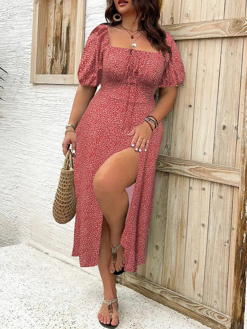 [Grandes tailles] Robe d'été décontractée bohème à fleurs/imprimé intégral, avec fente et manches bouffantes, à nouer sur le devant, vêtements grandes tailles pour femmes, pour le quotidien