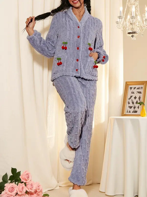 Ensemble de détente doux avec décorations de cerises pour femme, ensemble élégant et décontracté haut à manches longues et pantalon, vêtements de nuit pour femme pour l'automne et l'hiver, pyjama