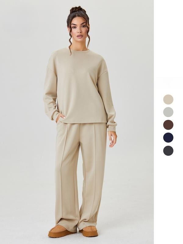 Ensemble décontracté femme, haut ample uni à manches longues et pantalon à surpiqûres apparentes