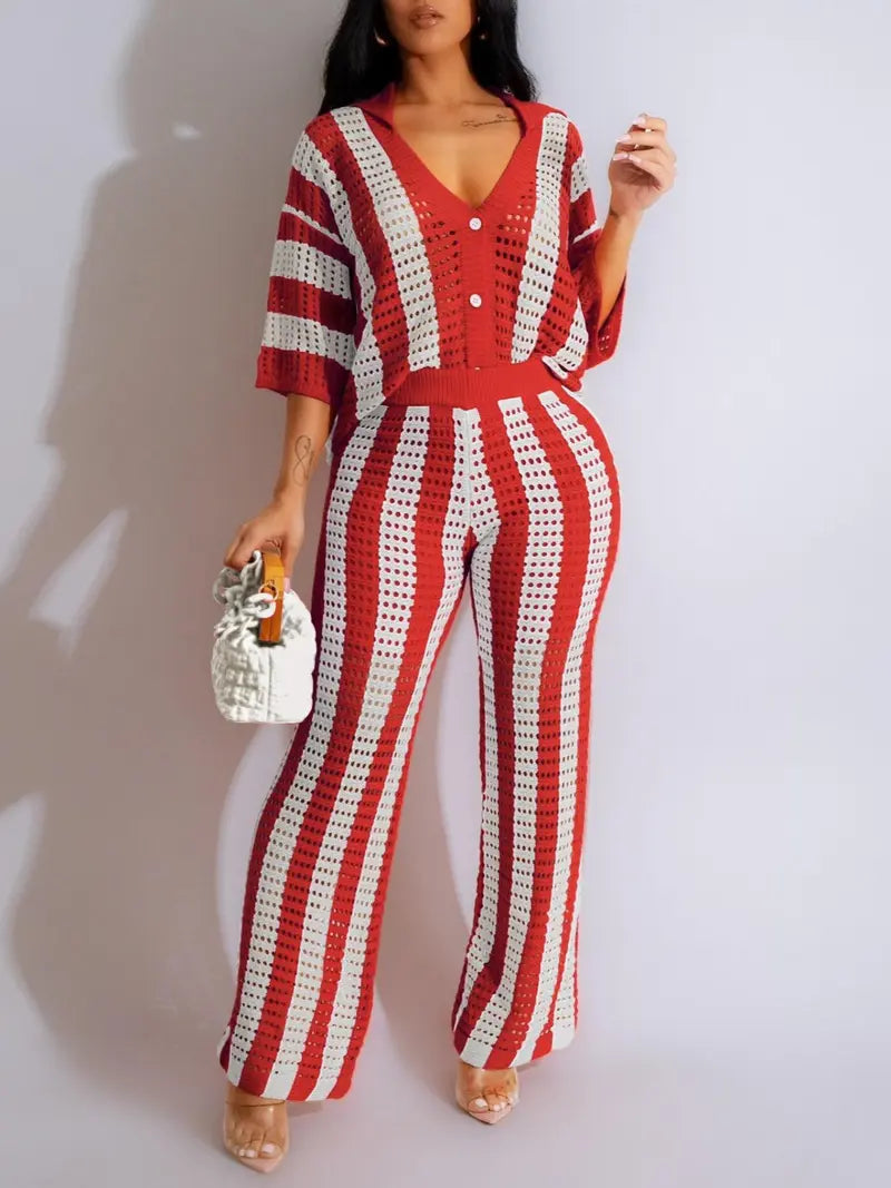 Ensemble deux pièces femme - Haut color block rayé découpé boutonné et pantalon large