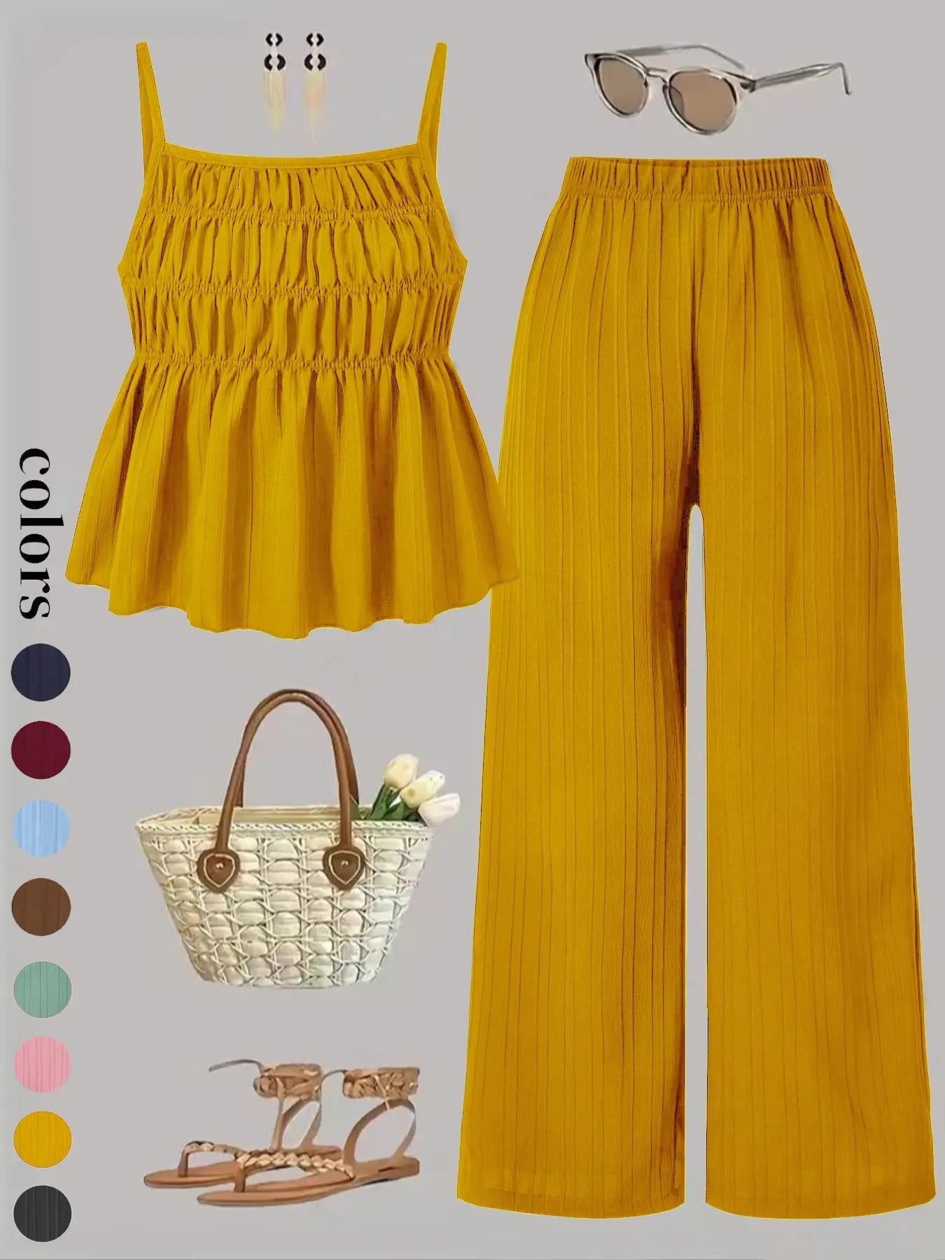 Ensemble deux pièces pour femme, caraco de couleur unie et pantalon large
