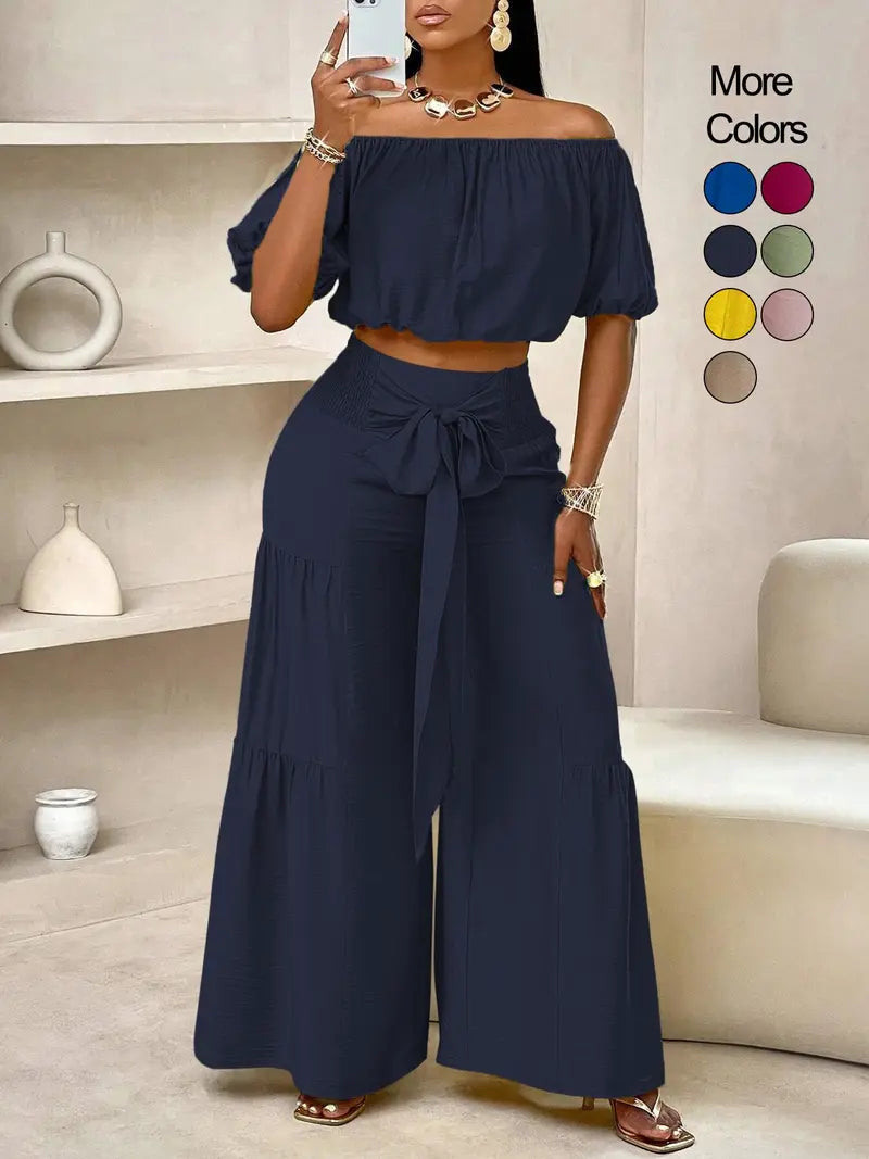 Ensemble pantalon femme couleur unie à jambes larges, haut décontracté à épaules dénudées et pantalon palazzo pour l'été, tenue de vacances à la plage pour femme.