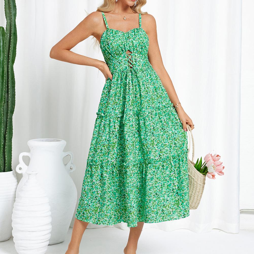 Robe longue bohème décontractée pour femme - Robe d'été à bretelles spaghetti smockée à volants avec poches, grande taille, vêtements bohèmes pour femme