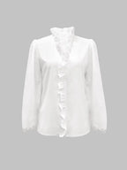 Women's Elegant V Neck Blouse with Ruffles, Loose-Fit Woven Shirt for All Seasons, Plain Pattern Casual Top for Office Wear