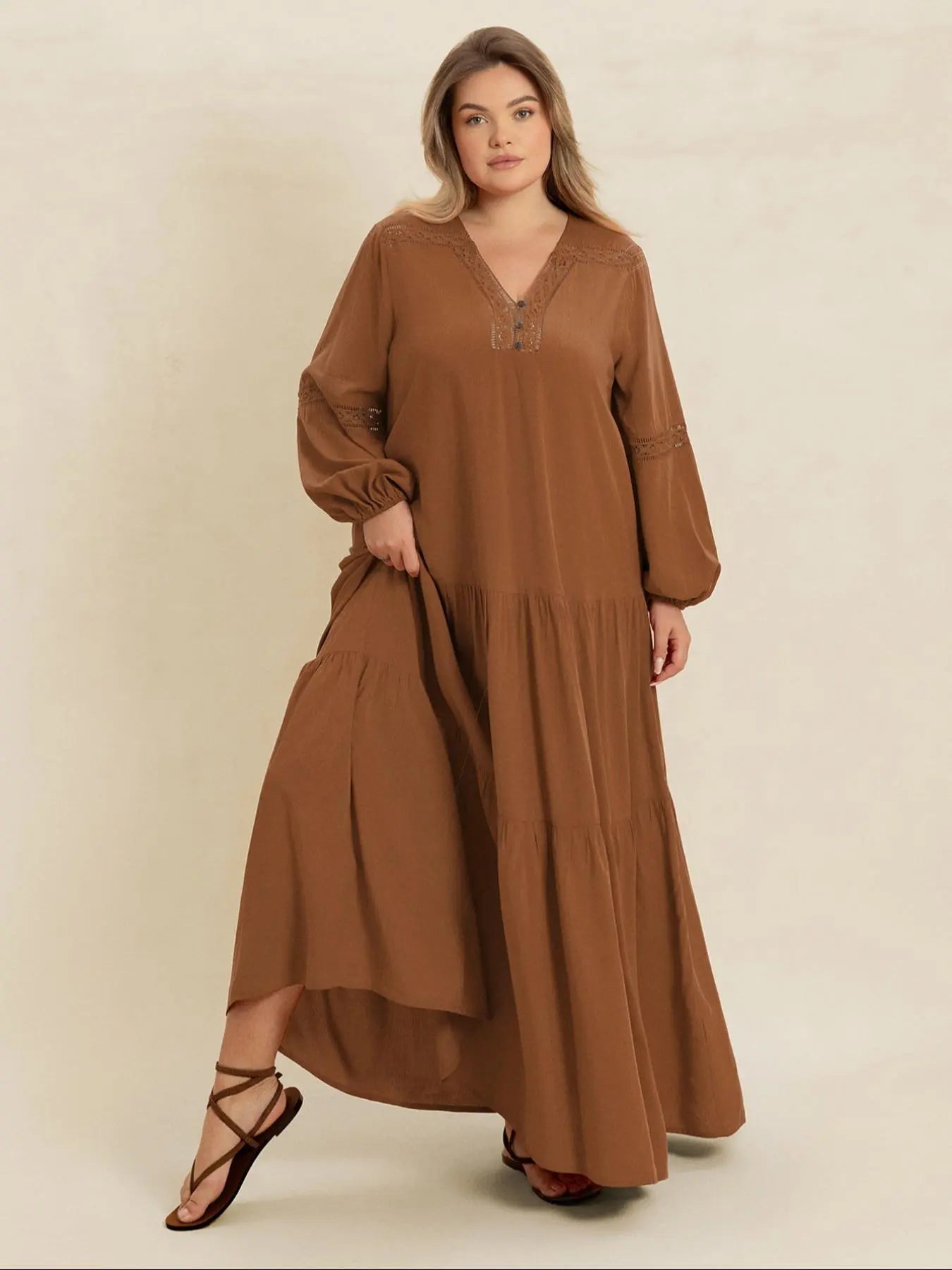[Grande Taille] Robe longue unie à manches longues et col en V, Robe bohème modeste pour les vacances, les tenues quotidiennes, Vêtements grande taille pour femmes pour toutes les saisons