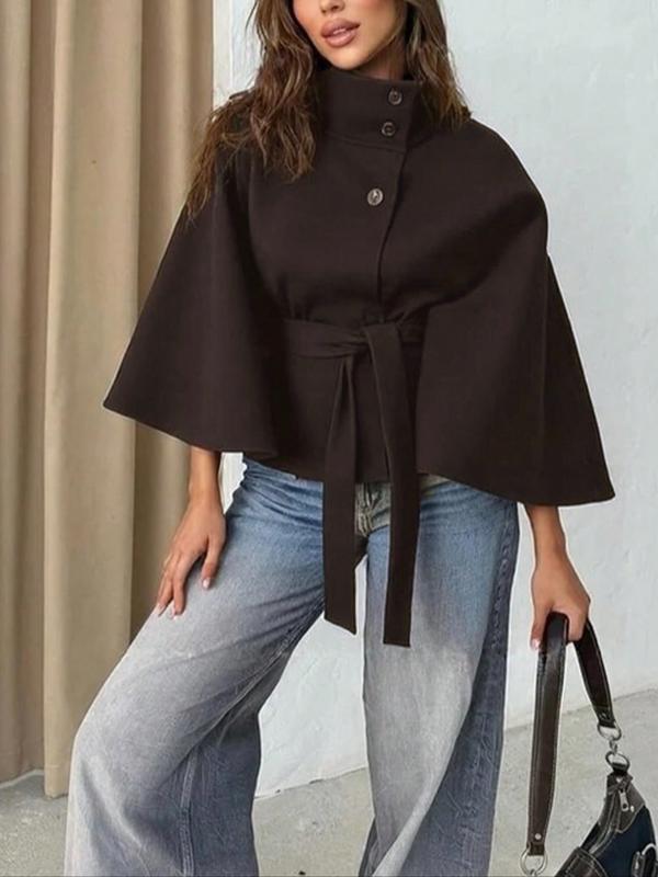 Manteau cape en laine uni à boucle pour femme, vêtement d'extérieur décontracté pour l'automne et l'hiver, chic pour les sorties quotidiennes, vestes