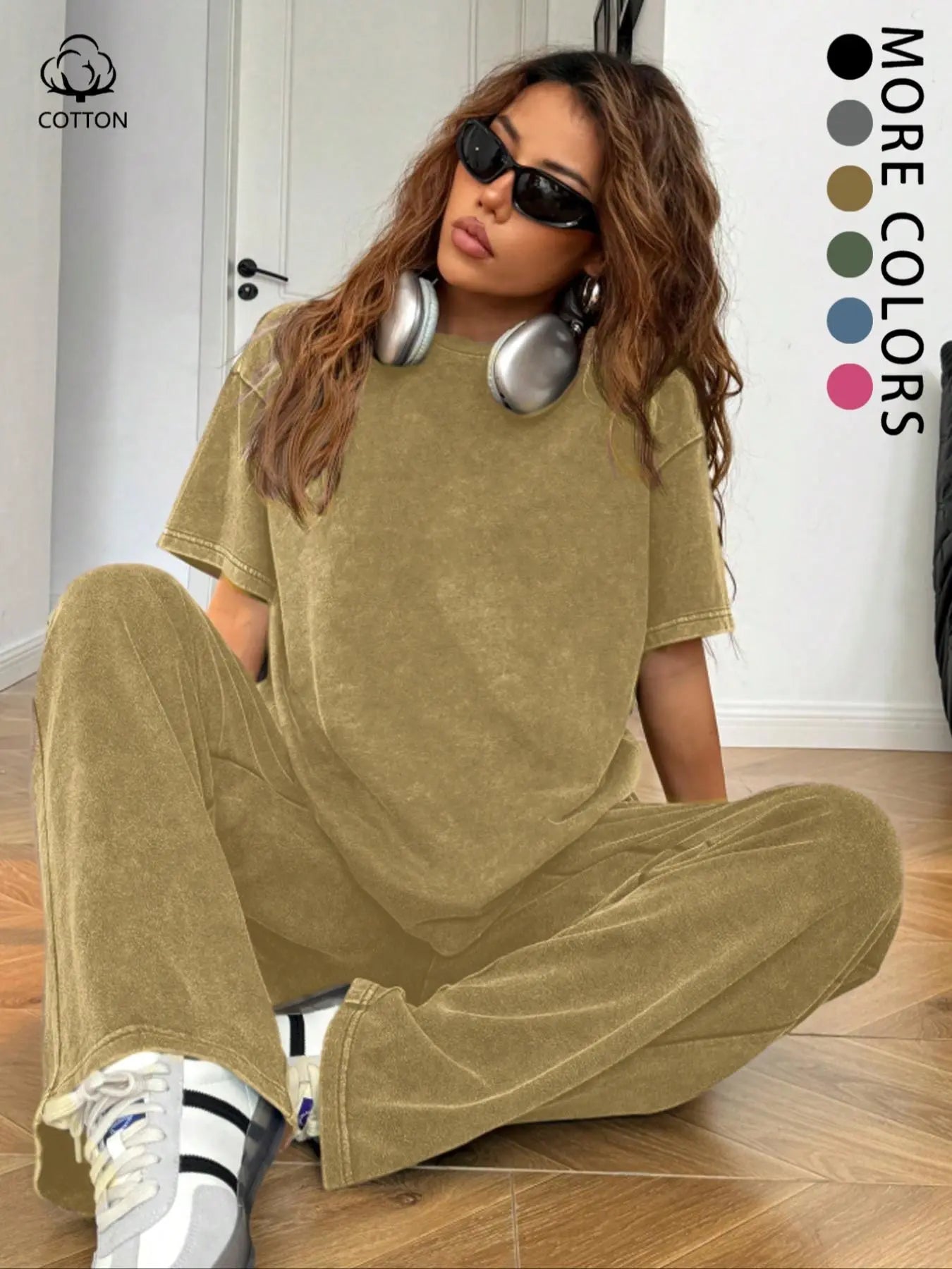 Ensemble deux pièces décontracté pour femme, t-shirt ample à manches courtes en coton délavé et pantalon long, toutes saisons, style uni