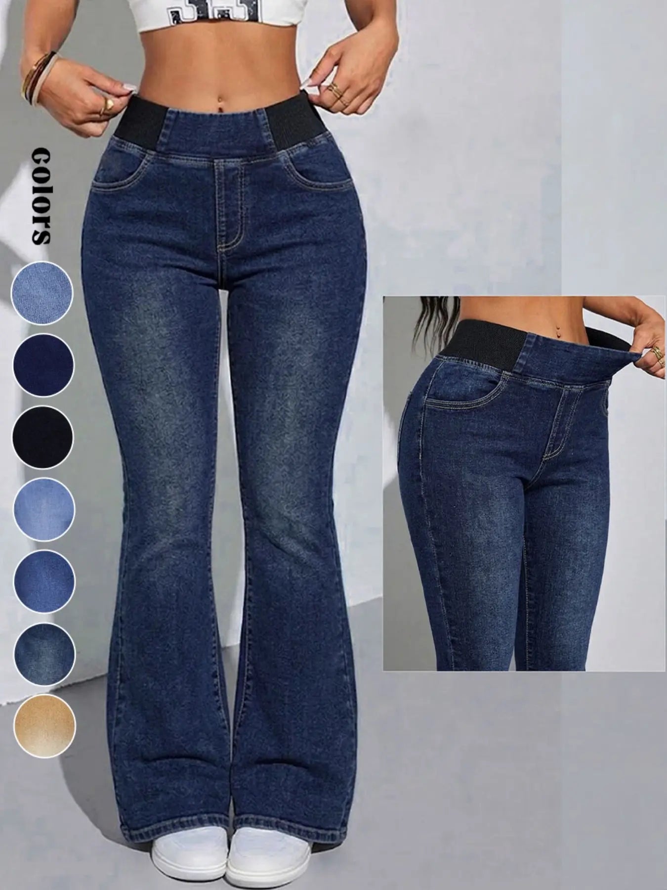 Jeans évasés Y2K 2026 pour femmes, taille élastique mi-haute, avec poches, délavage bleu clair, jeans pattes d'éléphant jambes larges pour femmes, taille ajustée
