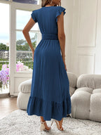 Women's Plain Shirred V Neck Fitted Dress, Elegant Chic Fashion Casual Long Dress for Daily Outdoor Wear, Women's Dress for Summer