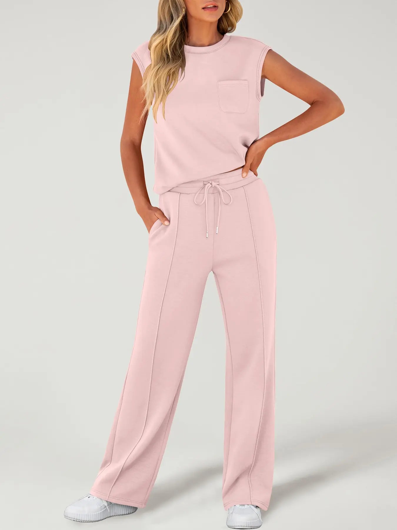 Ensemble deux pièces décontracté pour femme, débardeur uni et pantalon à cordon de serrage, haut sans manches à col rond et pantalon pour un usage quotidien, tenues deux pièces pour femmes toutes saisons