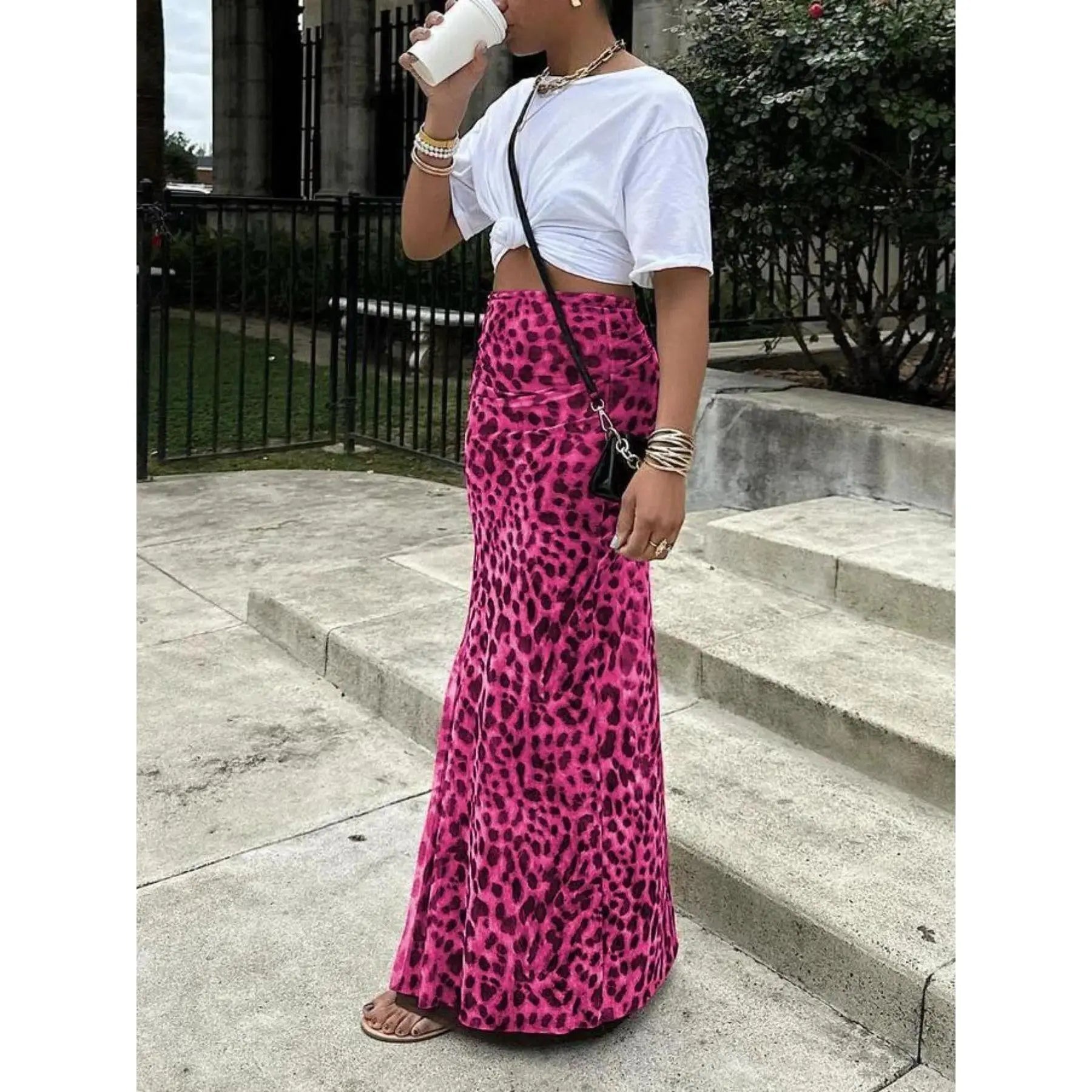 Jupe longue en maille imprimée léopard taille haute, coupe ajustée, fente, polyvalente, pour la Saint-Valentin, vêtements pour femmes à la mode