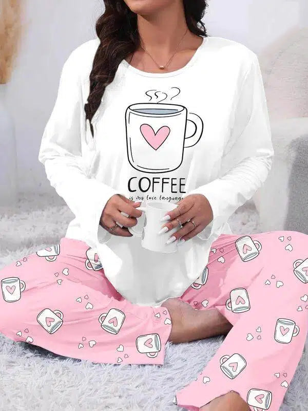 Ensemble de pyjama 2 pièces grande taille confortable avec impression cœur et lettres, haut à manches longues et pantalon, vêtements de nuit décontractés pour toutes les saisons