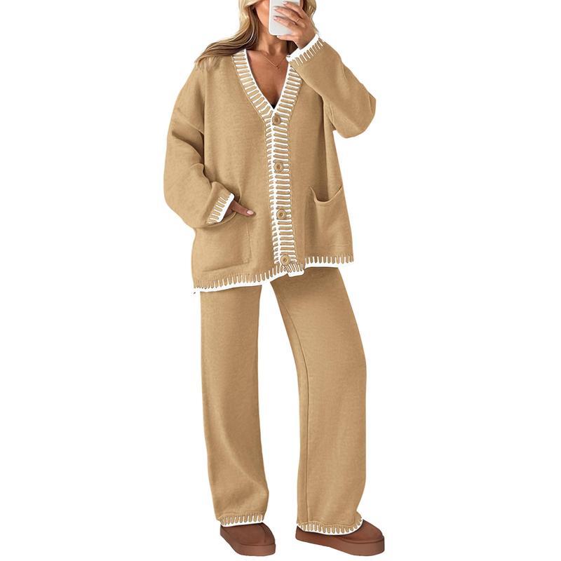 Ensemble 2 pièces tricoté pour femme, tenues d'hiver assorties, loungewear, cardigans à manches longues et col en V, pantalons amples, survêtements