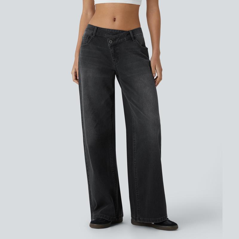 Jean décontracté baggy délavé coupe large à poches zippées asymétriques taille basse