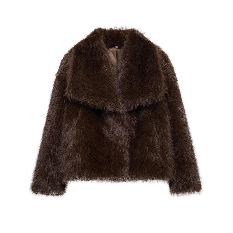 Veste en fausse fourrure unie pour femme, manteau décontracté à col et manches longues pour l'automne et l'hiver, vêtements quotidiens pour femme, hauts mignons